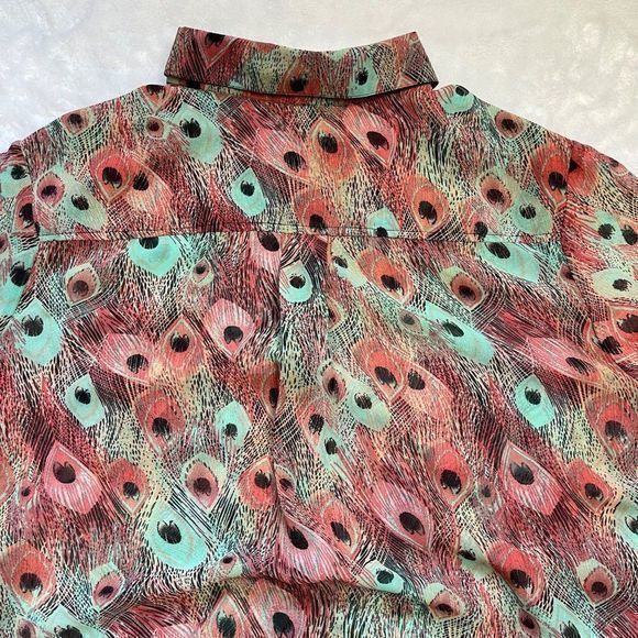 Kut From The Kloth Women's Peacock Print Semi-Sheer Tie Button Up Shirt‎ Size L - Picture 7 of 11